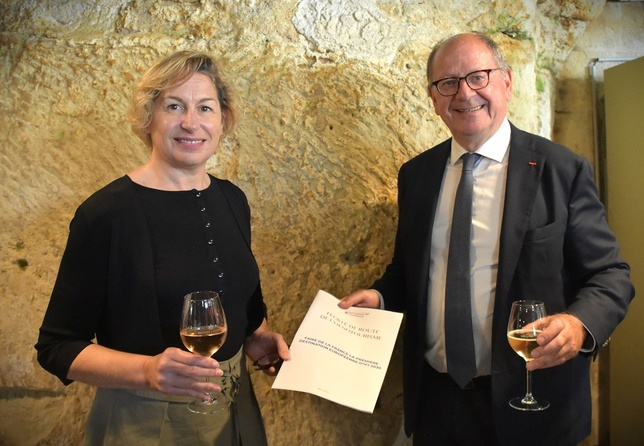 Hervé Novelli a remis sa feuille de route pour dynamiser l’œnotourisme à Nathalie Delattre dans les caves saumuroises. Hervé Novelli a remis sa feuille de route pour dynamiser l’œnotourisme à Nathalie Delattre dans les caves saumuroises.